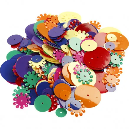 Paljetter, ass. farger, runde, str. 10–25 mm, 250 g/ 1 pk.